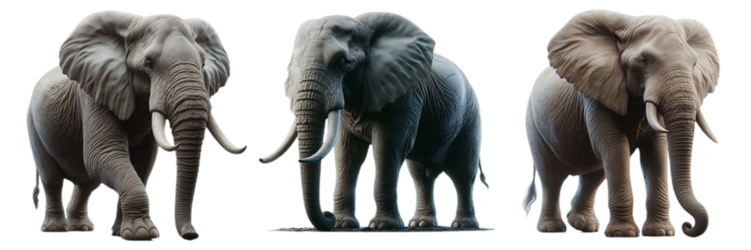 Three African elephants Standing in different directions transparent background