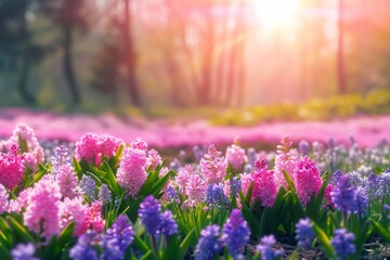 Spring glade in forest with flowering pink and purple hyacinths in sunny day in nature. Colorful natural spring landscape with with flowers, soft selective focus. generative ai.