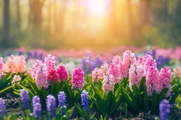 Spring glade in forest with flowering pink and purple hyacinths in sunny day in nature. Colorful natural spring landscape with with flowers, soft selective focus. generative ai. - Powered by Adobe