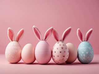 Cute patterned Easter eggs decorated with pink bunny ears on a pink background.
