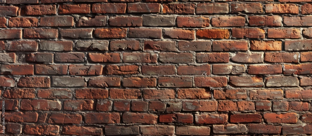 Poster a detailed view of a brown brick wall showcasing numerous rectangular composite building materials w