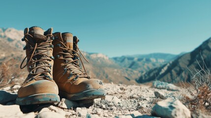 A pair of rugged hiking boots on a rocky trail, mountains in the background under a clear blue sky - Powered by Adobe