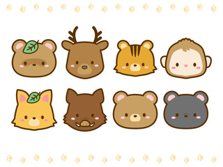 森の動物のベクターイラストのセット。タヌキやキツネ、クマやサル、リスやイノシシなど、いろいろな種類の動物たちの顔のアイコンのイラスト。