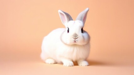 A white rabbit on a peach fuzz background , the concept of an Easter holiday