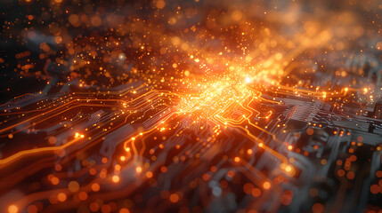 An image symbolizing the dynamic dimensions of technological progress, featuring an explosion of circuitry and light, representing innovation and advancement.