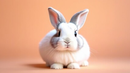 A white rabbit on a peach fuzz background , the concept of an Easter holiday