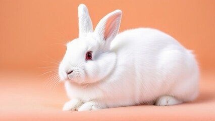 Obraz premium A white rabbit on a peach fuzz background , the concept of an Easter holiday