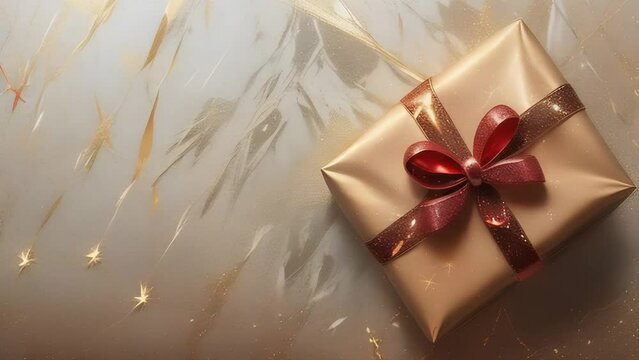 Beige gift box with a bow on a light brown background
