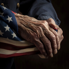 Patriotic Elderly Veteran Clasping the American Flag: A Symbol of Honor and Remembrance