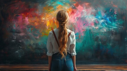 A girl with long hair stands in front of a watercolor painting. Concept: creativity, the artist and his work