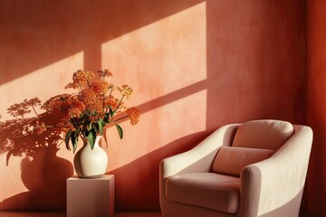 Minimalist home decoration with peach fuzz shades. Interior of a room. House with minimalist modern decoration
