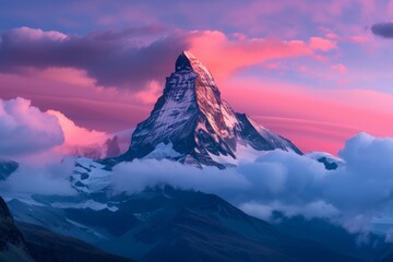 A majestic mountain basks in the glow of a candy-colored sunset, clouds caressing its peak in a serene and breathtaking spectacle.

