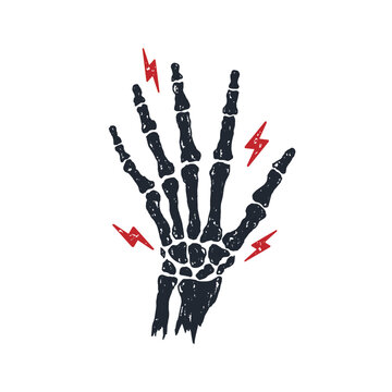 Skeleton hand hand drawn with electricity or lightning bolt shapes vector illustration. Vector black rough grunge skeleton left hand hand drawn vector art.