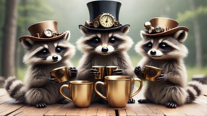 Obraz premium A baby racoons in the grass with a steampunk hats