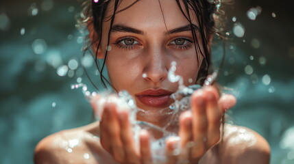 Beautiful model woman with splashes of water in her hands, natural cosmetic, skin care. Beauty portrait