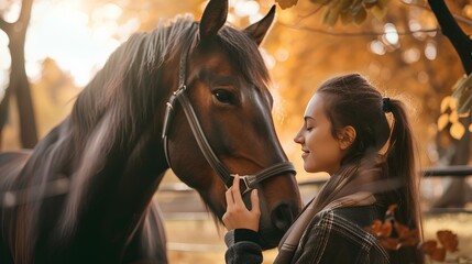 Obraz premium A beautiful smiling woman and a stallion look at each other and communicate with each other in the background of the autumn park. generative AI