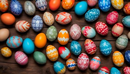Fototapeta na wymiar Easter eggs painted with colorful patterns on rustic wooden background for easter day created with generative ai