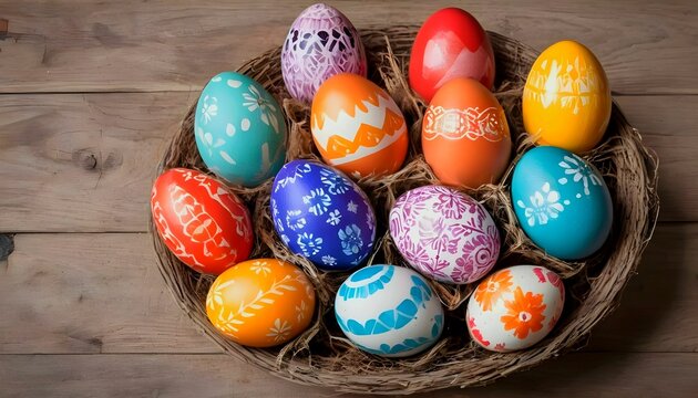 Easter eggs painted with colorful patterns on rustic wooden background for easter day created with generative ai