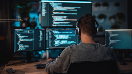 Learning on programming course. Man diligently engage in a programming course, absorbing knowledge and refining their skills in the realm of coding and software development