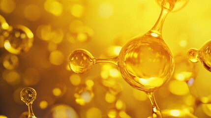 Liquid yellow molecules, Golden molecules swirl, akin to liquid sunshine, epitomizing the dynamic beauty and energy of chemical interactions - obrazy, fototapety, plakaty