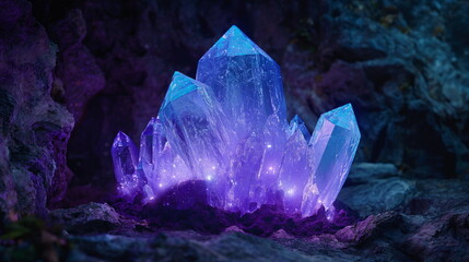 Magical fantasy crystal amethyst mystical glows from the inside natural blue crystal stone in the forest cave a gemstone, mos - obrazy, fototapety, plakaty