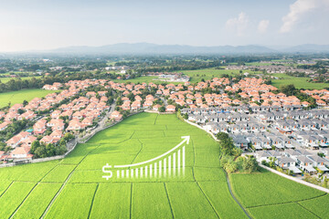 Land value in aerial view consist of landscape of green field or agriculture farm, house building,...