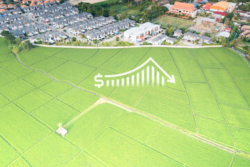 Land, landscape or green field in aerial view. Include house building, bar chart or graph, drop...