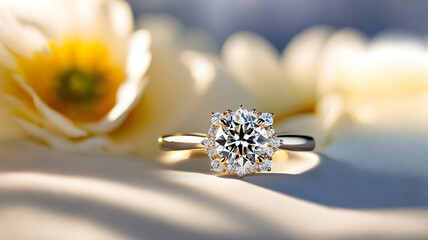 Exquisite diamond engagement ring on a background of white flowers.