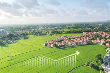 Land value in aerial view consist of landscape of green field or agriculture farm, house building, growth graph of rate market price for agent, realtor, investor to sale, buy, mortgage and investment.