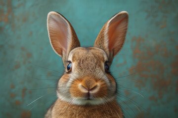 Obraz na płótnie Canvas Wonderland with a mustache, a brown rabbit looks into the camera lens on a blue background, copy space