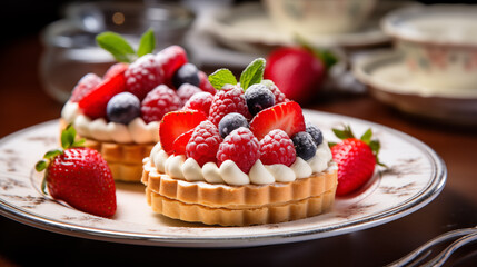 Delicious tartlets with berries and whipped cream on a wooden table - obrazy, fototapety, plakaty