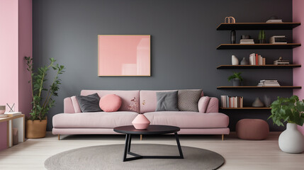 Chic Pink and Grey Living Room Design with Modern Furniture and Decorative Plants