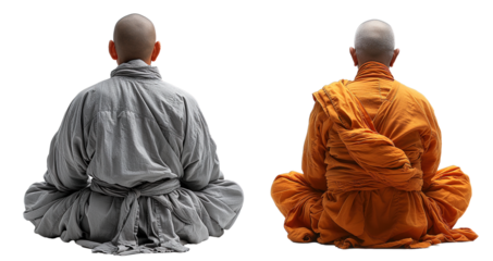 monk meditates back view isolated on transparent background