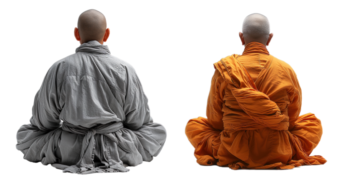 monk meditates back view isolated on transparent background