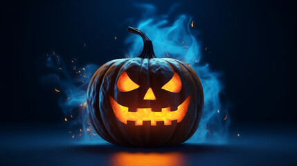 Naklejka premium Scary Halloween pumpkin with glowing eyes and surrounded by smoke