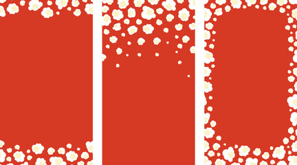 Pop corn frames poster set. Pop corn flakes vertical backgrounds. Blank place for text. Different size and shape of popped corn kernels. Social media template.