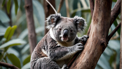 A close-up of a koala bear resting on a tree branch with its front paws hanging down, looking at the camera.