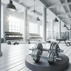 metal dumbbells on white wooden floor in white gym room