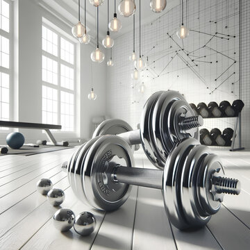metal dumbbells on white wooden floor in white gym room