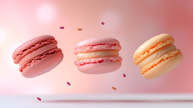 Three macarons in pink, orange on a pink gradient background. The macarons are in various positions, creating a dynamic feel to the image.