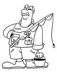 Hand Drawn of Old Man wearing sunglasses, waistcoat, hat, and boots carrying a Fishing rod and bucket. Get ready to fishing at the lake. Best for coloring book with outdoor activity themes