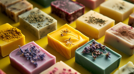 Artisan soaps with natural toppings, beautifully arranged and colorful.