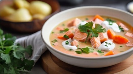 Flavorful bowl of Thai-inspired coconut salmon soup, infused with aromatic lemongrass