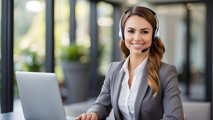 Young Businesswoman Wearing Headset and Sporting a Lovely Grin, Young Female Professional Wearing Headset, Gracing the Workplace with a Bright Smile, Young Girl in Business Attire with Headset, 