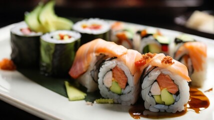 Mouthwatering selection of sushi rolls, including California rolls filled with crab, avocado and cucumber