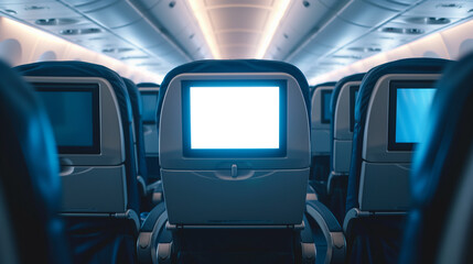 Airplane seats with blank LCD screen mockup device for entertainment to serve passenger on a plane trip