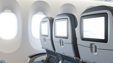 Airplane seats with blank LCD screen mockup device for entertainment to serve passenger on a plane trip