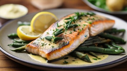 Delicious plate of pan-seared trout fillets, seasoned with herbs and spices