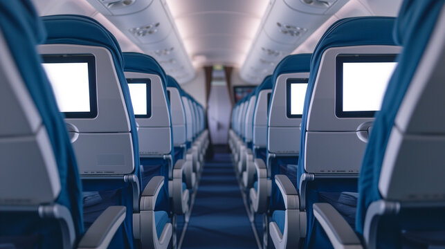 Airplane seats with blank LCD screen mockup device for entertainment to serve passenger on a plane trip