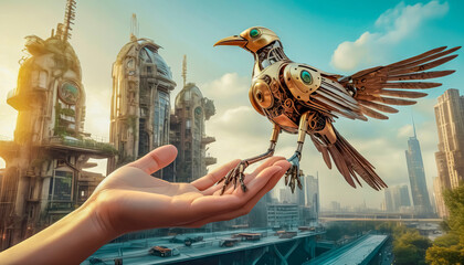 close-up of a robot bird on a girl's hand. ecology and environmental protection concept